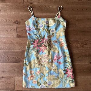 Vintage Linen Mini Dress Tropical Floral Print Sz 4